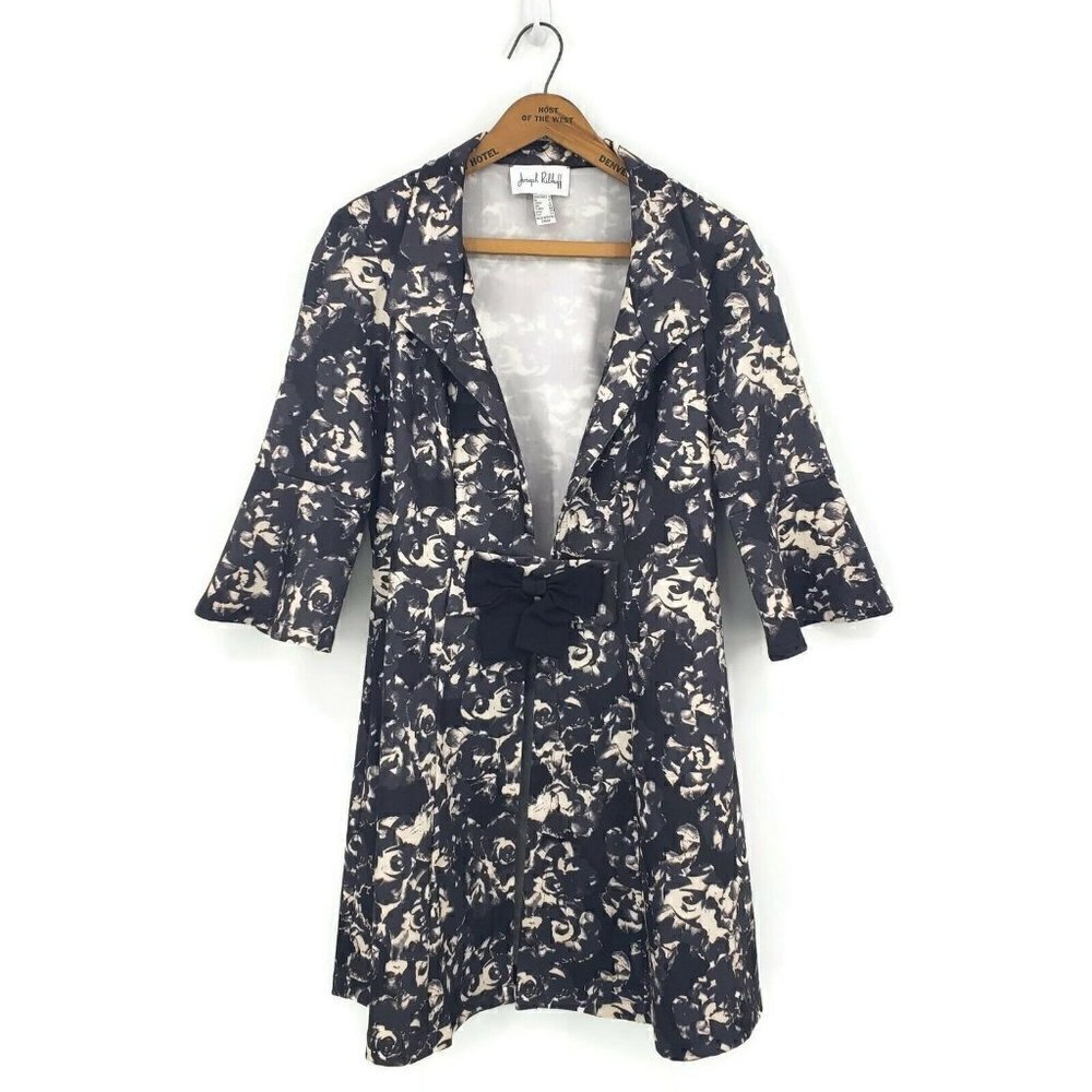 Joseph Ribkoff Floral Coat Womens Size 8 Black Tan 3/4 Sleeves Bow Jacket